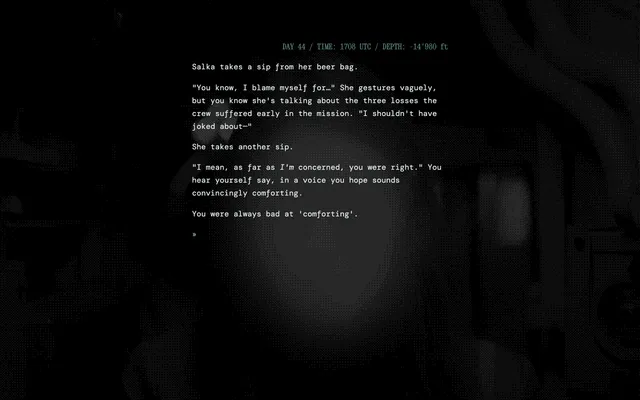 GUTLESS screenshot: day 44 at a depth of 14,980 feet, Salka sips from a beer bag and blames herself for the crew's losses, over a dim dithered photo