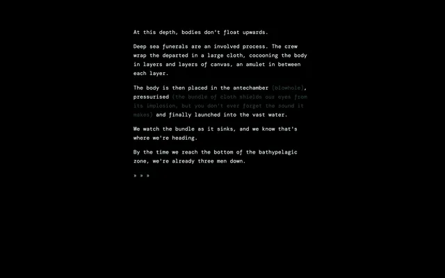 GUTLESS screenshot: white text on black describing a deep-sea funeral, the body wrapped in canvas, pressurised and launched into the water