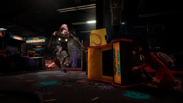 GYLT screenshot: Sally crouches behind an arcade cabinet as a grinning, toothed creature with glowing eyes lurches through an arcade