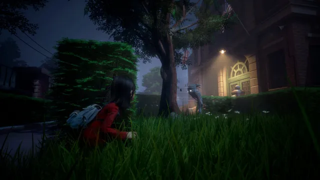 GYLT screenshot: Sally hides in tall grass beside a school building at night as a pale creature with glowing eyes walks past