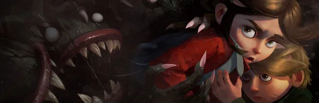 GYLT key art: Sally, a girl in a red jacket, shields a younger boy from a huge toothed monster reaching for them with long claws
