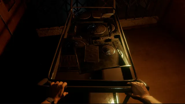 First-person view pushing a metal meal cart with covered trays through a dim corridor