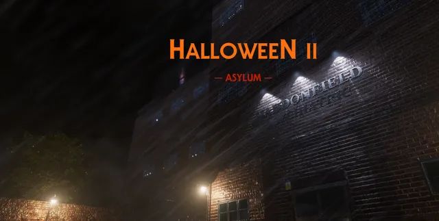 Halloween II Asylum title art: the brick front of Haddonfield hospital lit by lamps in heavy rain at night