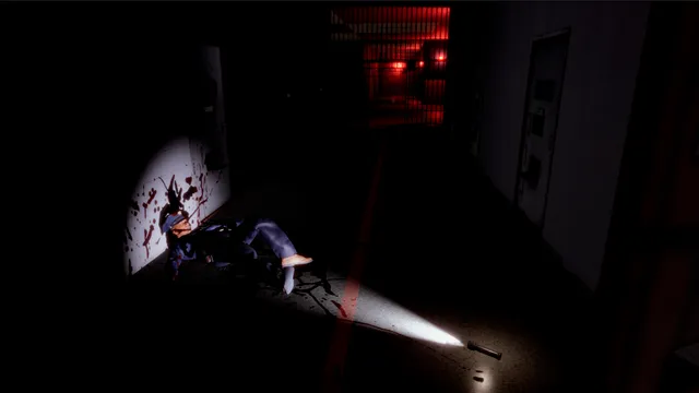 A dropped flashlight lights a bloodied guard slumped against a wall in a dark hospital corridor, red light from a barred door behind