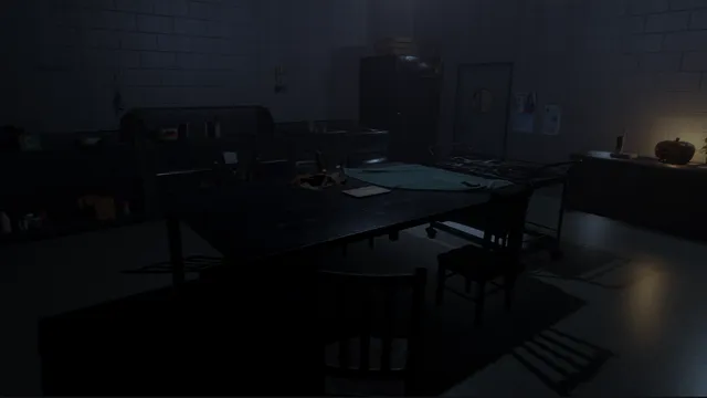 The dark hospital kitchen at night, a carved pumpkin on the far counter