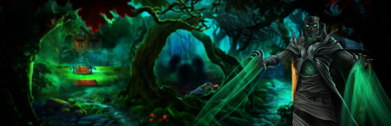 Halloween Chronicles: Evil Behind a Mask art: a masked figure in a dark cloak casts green light in a glowing forest