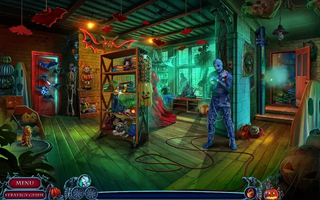 A costume shop full of bats, skeletons and jack-o'-lanterns, where a blue-masked figure sprays something from a can