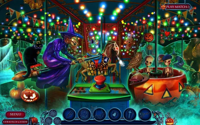 A hidden-object scene at a Halloween carousel with a witch on a broom, skeletons in a pumpkin cup and coloured lights