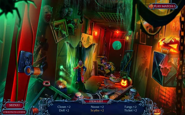 A funhouse corridor hung with masks, a clown and a hooded ghoul, with an item list including clown, noose and scythe
