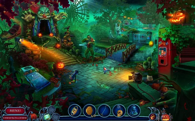 A night fairground with a giant clown-mouth entrance, jack-o'-lanterns and a figure with a gun on a stone path
