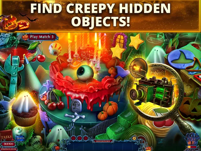 A hidden-object scene: a cake with an eyeball, ghost cupcakes, pumpkins and an old camera under a magnifying glass