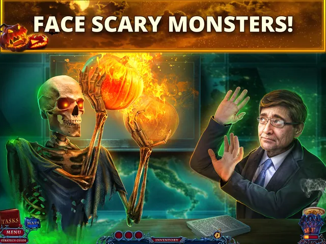 A skeleton with glowing eyes hurls fireballs at a startled man in a suit