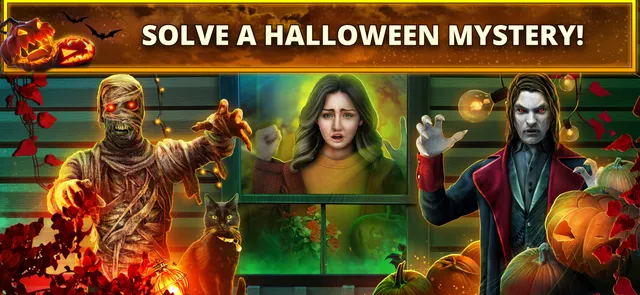 Halloween Chronicles: Monsters store art: a frightened woman behind a window flanked by a mummy, a vampire and a black cat among jack-o'-lanterns, under the banner Solve a Halloween Mystery