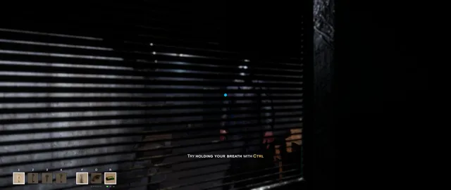 Through dark window blinds a figure stands outside, with the hint Try holding your breath with Ctrl