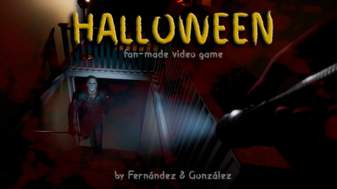Halloween fan-made game title art: Michael Myers in his white mask climbing the stairs toward the player's flashlight, the yellow title above