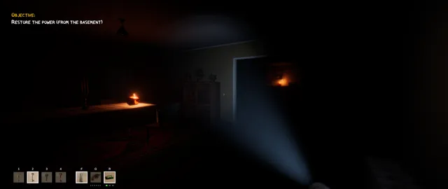 A pitch-dark hallway lit by a flashlight beam, objective Restore the power from the basement
