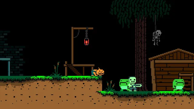 Halloween Forever screenshot: green ghouls and a skeleton with a sword beside a gallows and a wooden shack