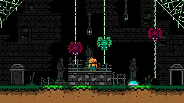 Halloween Forever screenshot: Pumpkin Man stands on a crypt as spiders drop on threads under cobwebs