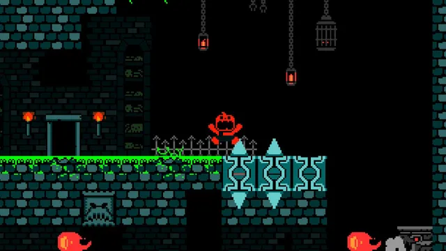 Halloween Forever screenshot: a red pumpkin hero in a stone crypt with hanging lanterns and a block of spikes