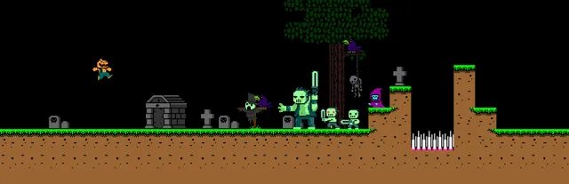 Halloween Forever art: pixel-art Pumpkin Man leaps over a graveyard where a green ghoul with a sword, skeletons and a hooded figure wait