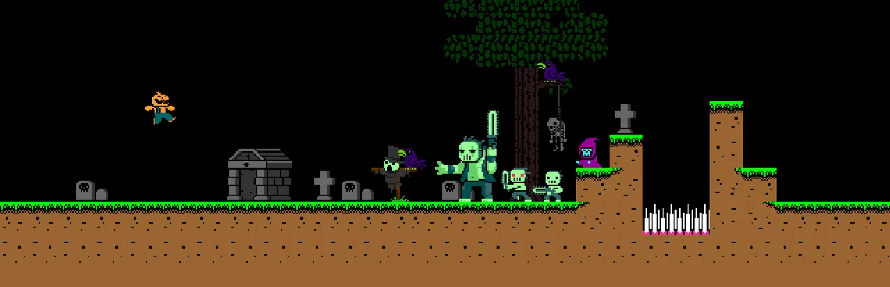 Halloween Forever art: pixel-art Pumpkin Man leaps over a graveyard where a green ghoul with a sword, skeletons and a hooded figure wait