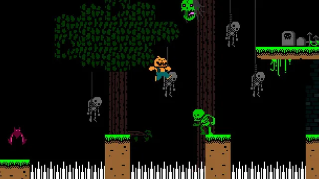 Halloween Forever screenshot: Pumpkin Man jumps between trees hung with skeletons above a row of spikes
