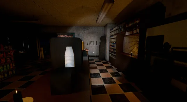 Halloween Revenge screenshot: a dim store aisle with the word HELL written on the back wall