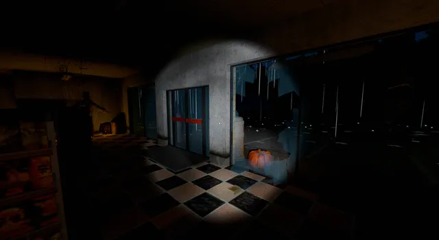 Halloween Revenge screenshot: a dark supermarket entrance with a carved pumpkin by the glass doors