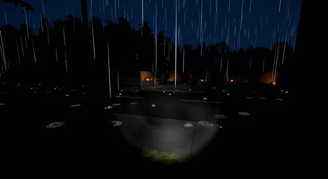 Halloween Revenge screenshot: a rainy car park at night lit by a torch, with lights in the distance