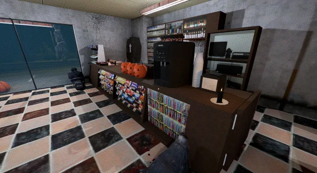Halloween Revenge screenshot: the store counter with jack-o'-lanterns, a coffee machine and blood on the checkered floor