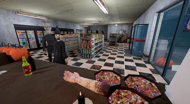 Halloween Revenge screenshot: a severed arm on a store counter beside bowls of candy, with costumed customers by the shelves