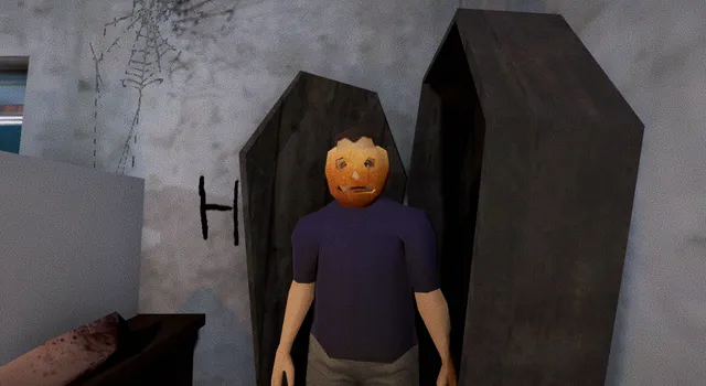 Halloween Revenge screenshot: a low-poly man in a pumpkin mask standing in front of two open coffins