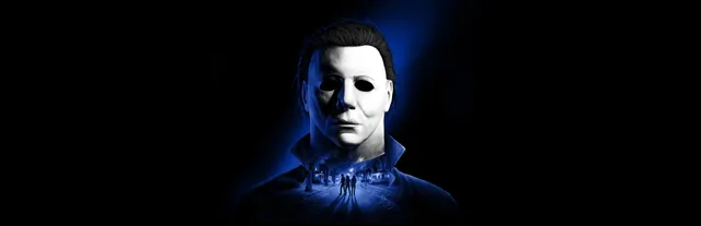 Halloween: The Game key art: Michael Myers' pale mask lit in blue against black, small figures of survivors at his chest