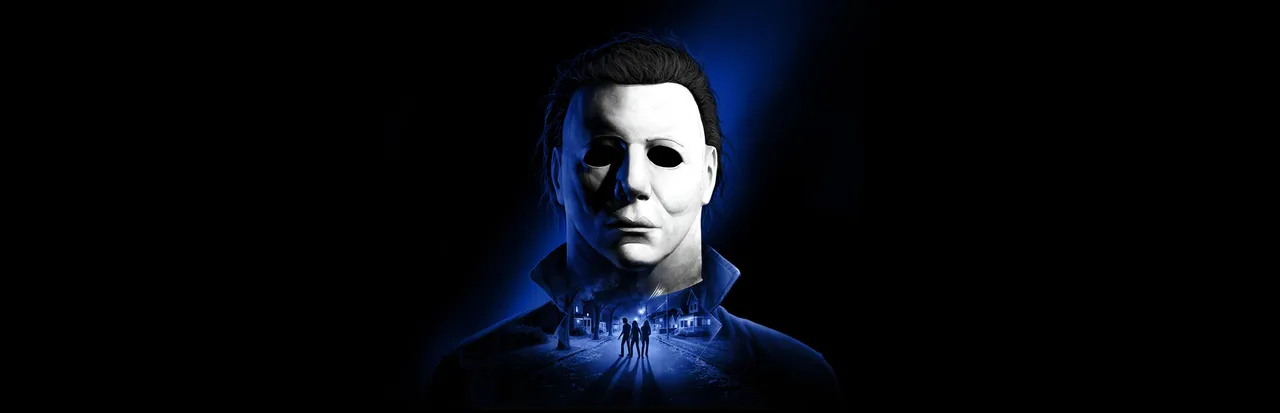 Halloween: The Game key art: Michael Myers' pale mask lit in blue against black, small figures of survivors at his chest