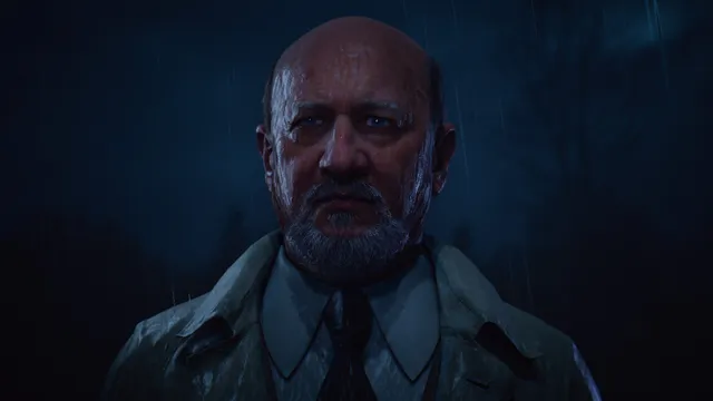 Halloween: The Game screenshot: a grey-bearded older man in a raincoat stares grimly in the rain