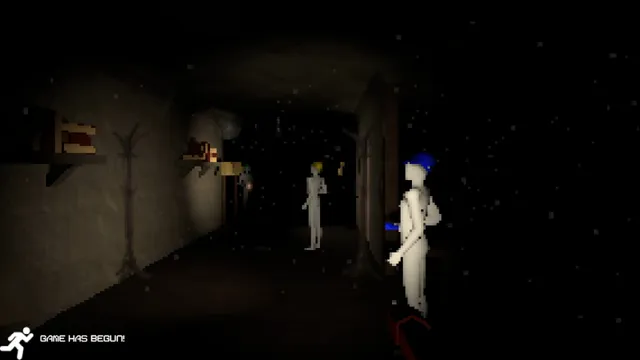 Handy Harry's Haunted House Services screenshot: two workers in a dim attic corridor with coat hooks and shelves