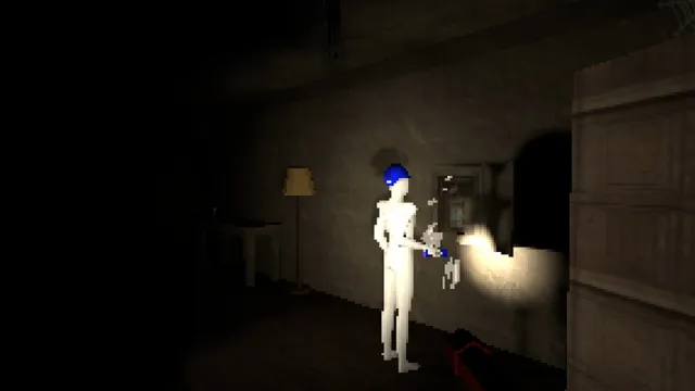 Handy Harry's Haunted House Services screenshot: a worker with a blue cap shines a flashlight on a fuse box in the dark