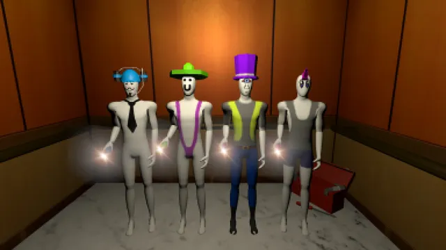 Handy Harry's Haunted House Services screenshot: four low-poly workers in hats stand in an elevator