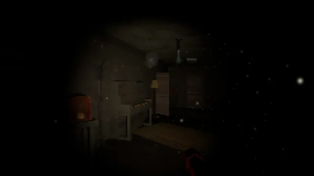 Handy Harry's Haunted House Services screenshot: a dark attic room with a piano and lamp barely lit