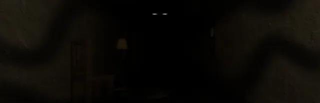 Handy Harry's Haunted House Services key art: a pitch-dark attic corridor with two small eyes glinting at the end