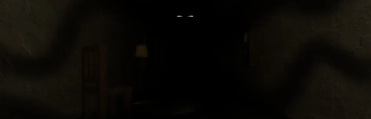 Handy Harry's Haunted House Services key art: a pitch-dark attic corridor with two small eyes glinting at the end