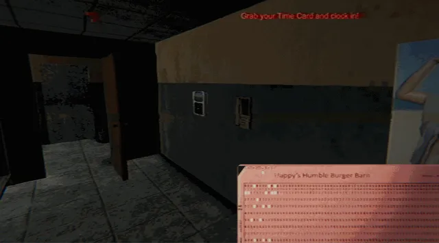 Happy's Humble Burger Barn screenshot: a dim back corridor with a time card held up and a prompt to clock in