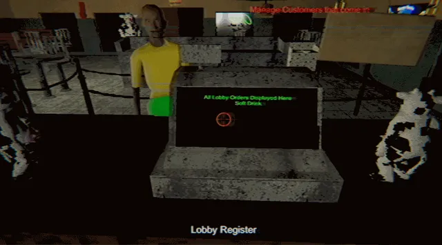 Happy's Humble Burger Barn screenshot: a bald customer in a yellow shirt waits at the lobby register while orders show on the screen