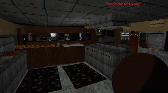 Happy's Humble Burger Barn screenshot: the grainy low-poly restaurant kitchen with counters and grills, and a prompt to turn on the Open sign