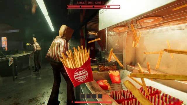 Happy's Humble Burger Cult screenshot: a worker with a paper bag over her head at a blood-smeared fry station