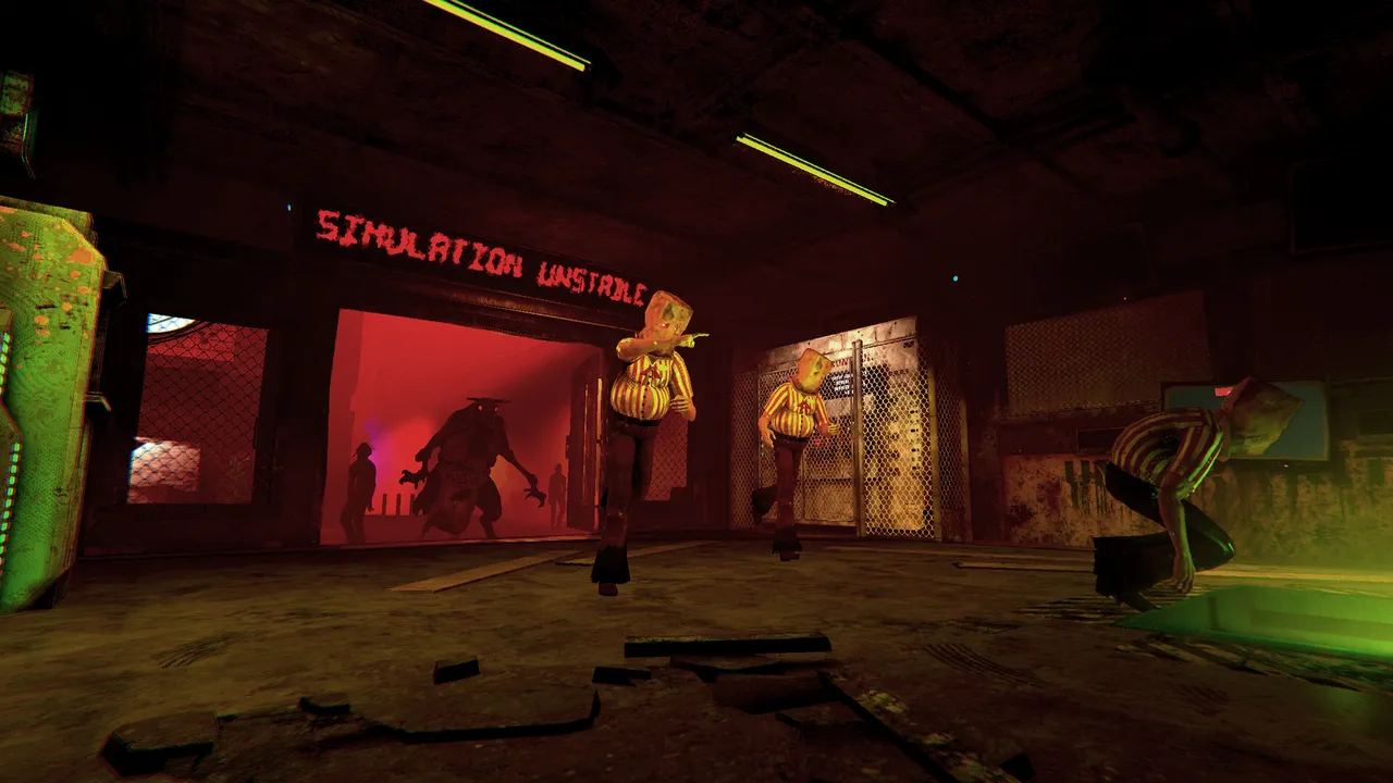 Happy's Humble Burger Cult screenshot: a long-limbed creature chases workers under a sign reading Simulation Unstable