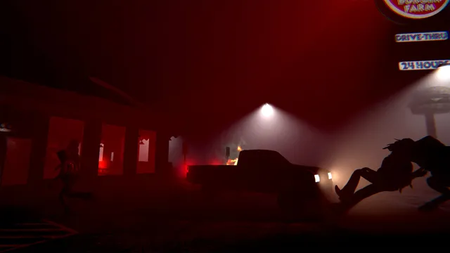 Happy's Humble Burger Cult screenshot: a creature leaps through red fog past a truck outside the restaurant