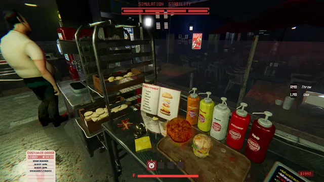 Happy's Humble Burger Cult screenshot: a counter with burgers and sauce bottles in a dim kitchen at night