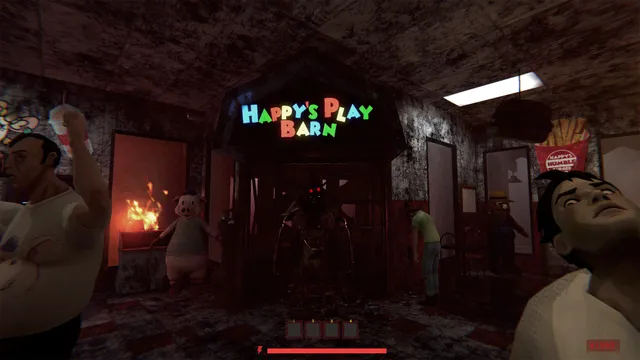 Happy's Humble Burger Cult screenshot: a dark figure in the door of Happy's Play Barn beside a pig mascot and a fire