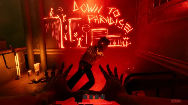 Happy's Humble Burger Cult screenshot: a red-lit worker in front of a mural reading Down to Paradise